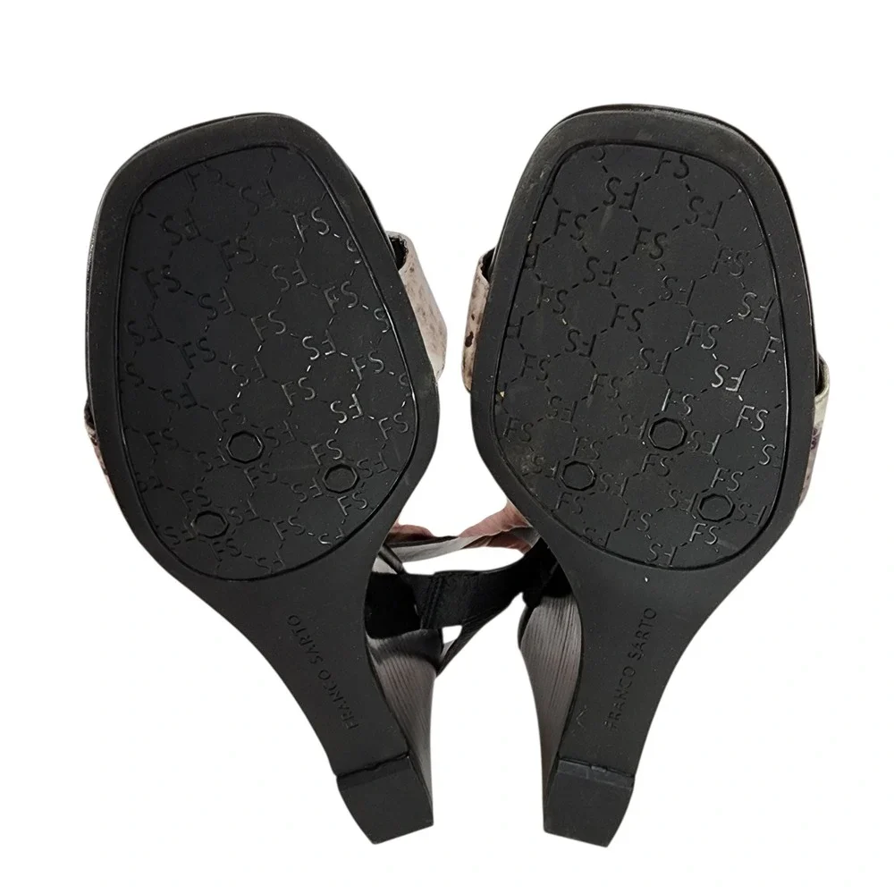 Franco Sarto Hooper Wedge Sandals 9 Black Snake Print Leather Ankle Strap Church